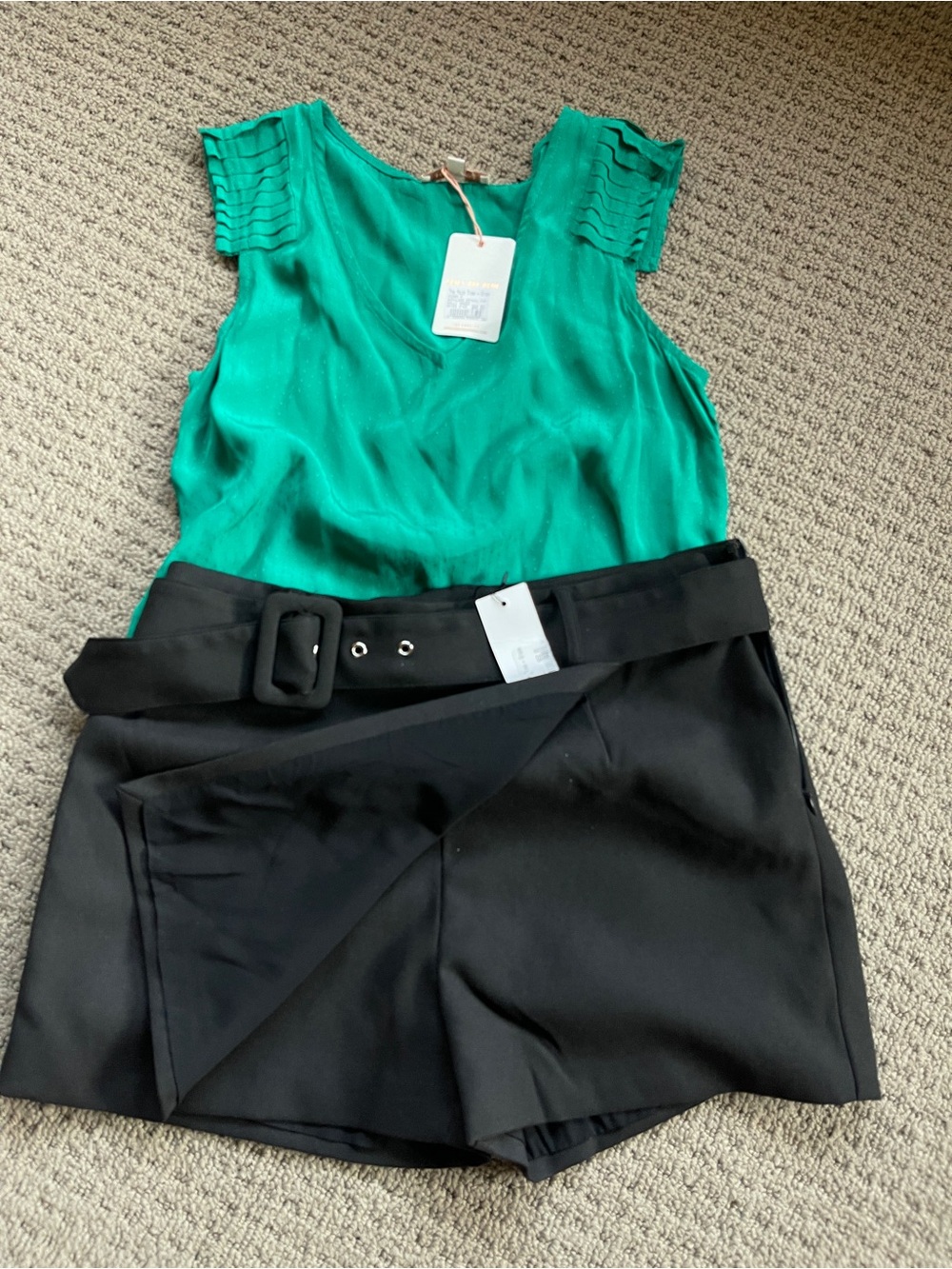 Green Sleeveless Blouse and Black Skort Set